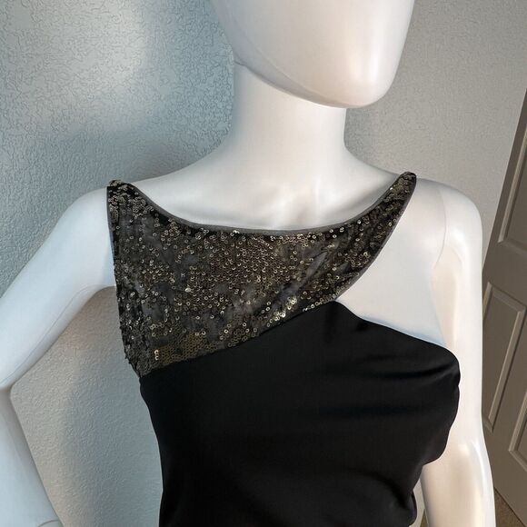 BCBGMAXAZRIA Size M Gown Asymmetric Neck Side Slit Black Open Back Gold Sequin - Picture 6 of 9